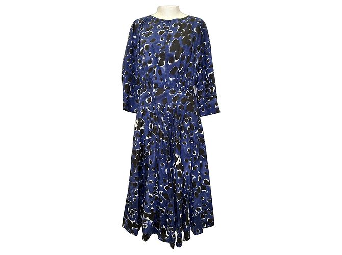 Vestido midi evasê estampado em algodão azul Marni