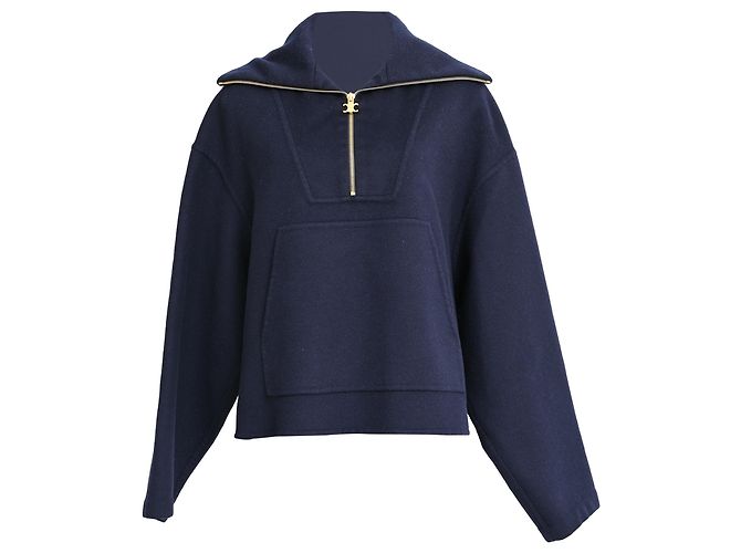 Céline Celine Triomphe Zip-Up Pullover aus Navy Blue Kaschmir Blau Marineblau