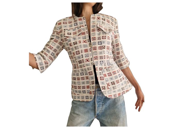 Christian Lacroix Multicolored Square Pattern Jacket White Blue Beige