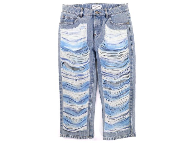 Chanel COCO Knopf Denim-Hose mit Distressed-Tüll Blau