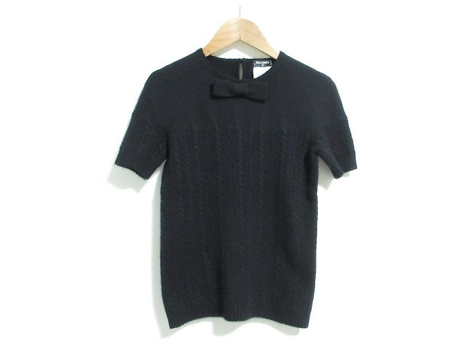 Timeless Chanel Kaschmir-Kurzarm-Pullover mit Zopfmuster Schwarz