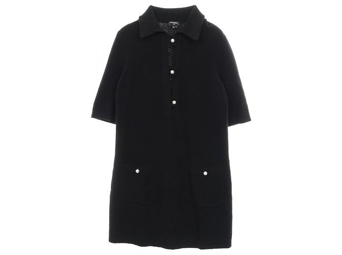 Timeless Vestido de algodón con botón de perla Chanel Coco Mark Negro