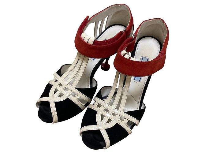 Sandales à talons en cuir Prada Noir Rouge Blanc cassé