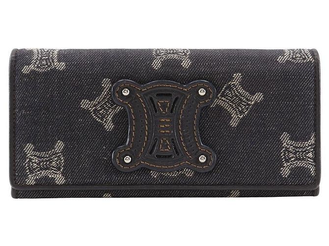 Céline Celine Triomphe Denim Long Wallet Blue Navy blue