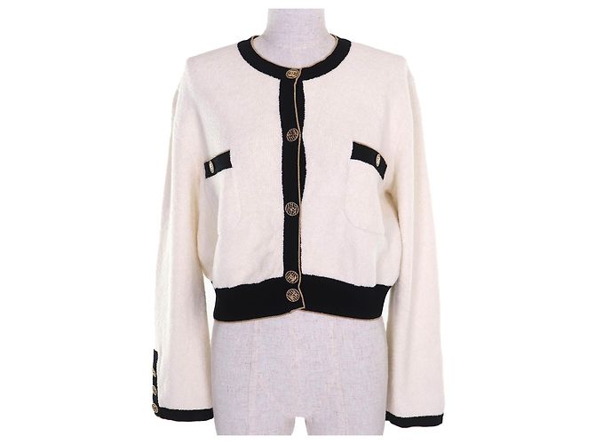 Timeless CHANEL COCO Strickjacke aus Baumwoll-Frottee mit Logo-Knöpfen Schwarz Weiß Golden