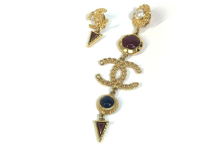 Orecchini Chanel CC Coco Mark Color Stone Faux Pearl Multicolore D'oro