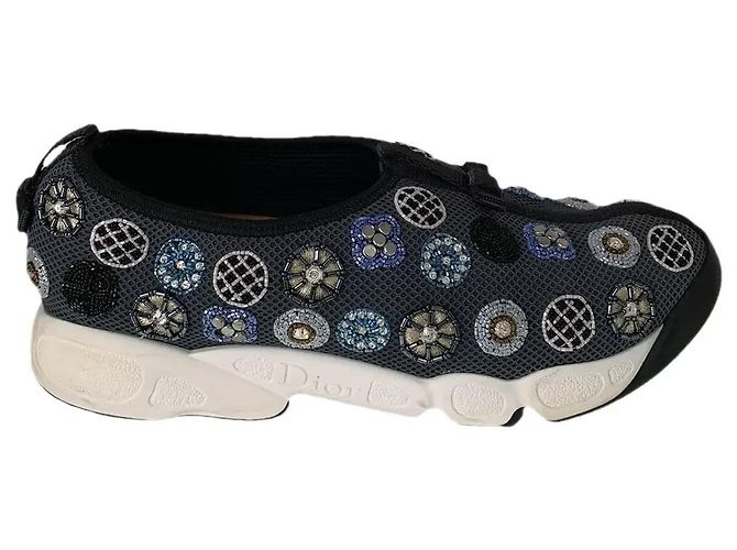 Sapatilhas Dior Fusion em mesh cinzento com pérolas e cristais Azul marinho