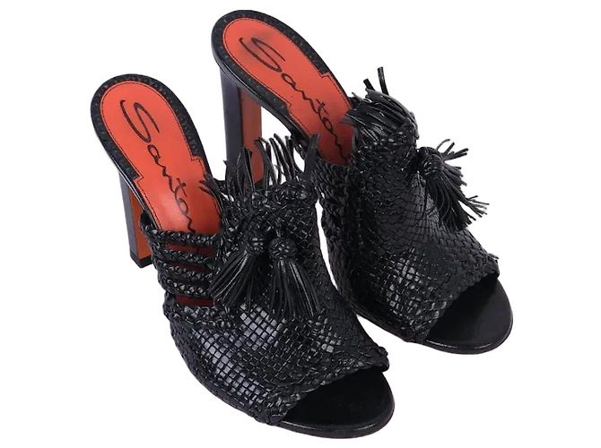Santoni Schwarze Korb- und Ledersandalen