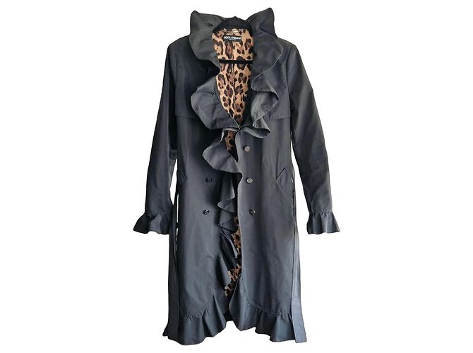 Dolce & Gabbana Ruffled Trench Coat with Leopard Lining Black Leopard print