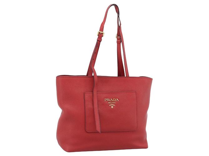 PRADA Tote Bag Leder Rot Gold Auth 186125A Golden