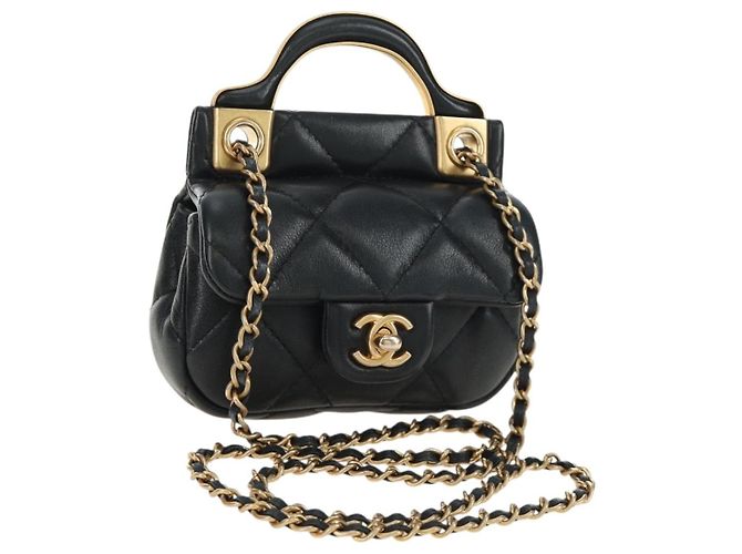 CHANEL Matelasse Chain Shoulder Pouch Lamb Skin 2way Black CC Auth 185439SAM Nero D'oro