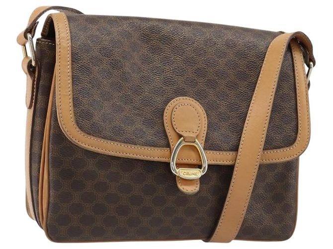 Céline Bolsa de Ombro CELINE Macadam Canvas PVC Couro Marrom Ouro Auth ka4853 Dourado