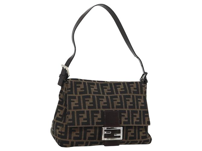 FENDI Zucca Canvas Mamma Baguette Shoulder Bag Black Brown Auth 185971SAM Marron Noir