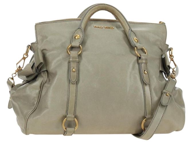 Bolsa de mão Miu Miu Side Ribbon de couro 2way Cinza Ouro Auth am11892V Marrom Dourado