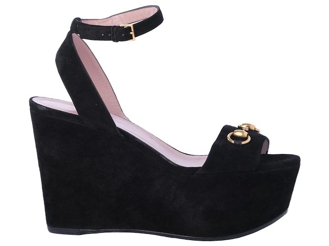 Gucci Black Suede Horsebit Platform Ankle Strap Wedges
