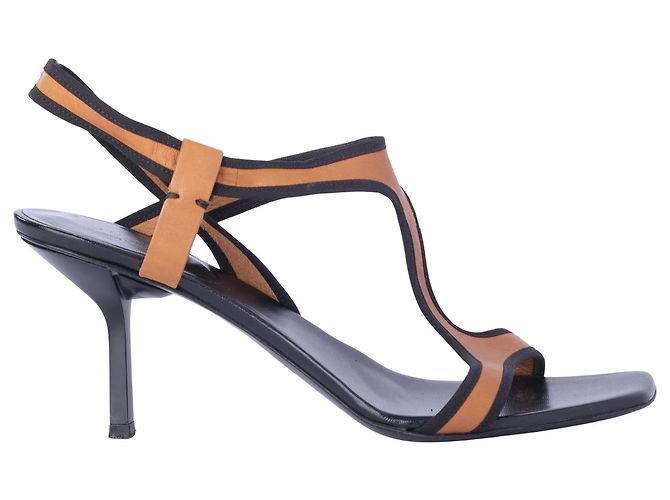 Gucci Leather Colorblock Pattern T-Strap Sandals Brown