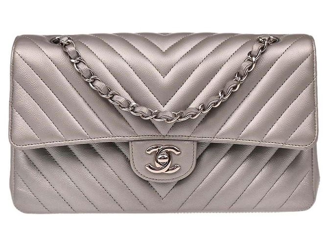 Chanel Timeless - Classic Double Flap Bag Leather medium Argento