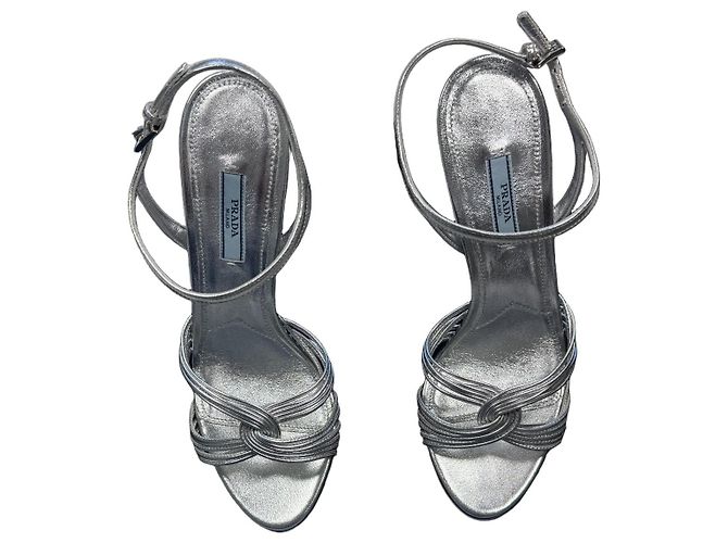 Prada Silver Metallic Leather Stiletto Ankle Strap Sandals Silvery