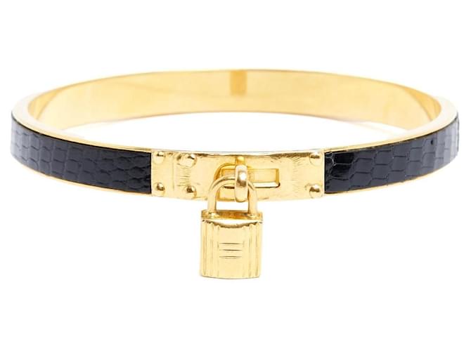 Hermès Pulseira Kelly Couro Preto Metal Dourado 