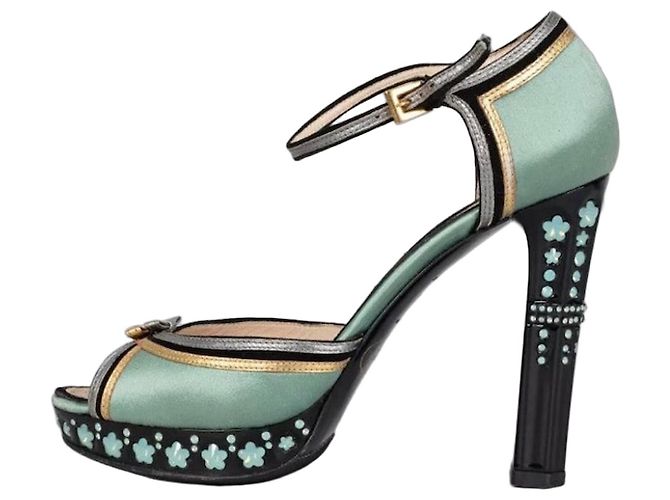 Prada Light Blue Textile Heeled Sandals with Crystal Heel Sz.37.5 Pre-owned