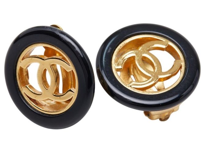Orecchini tondi vintage Chanel Coco Mark Nero D'oro 