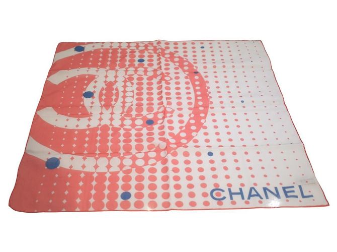 Lenço quadrado Chanel algodão poá Logo CC Rosa Azul Branco