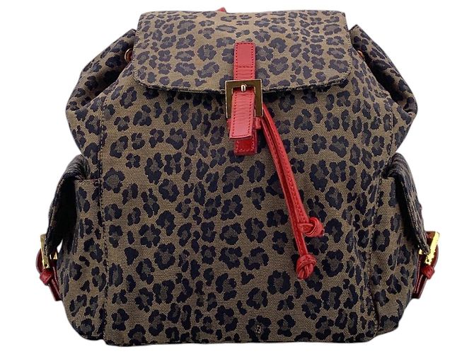 Fendi Vintage Leopard Print Canvas Backpack Shoulder Bag Brown Red
