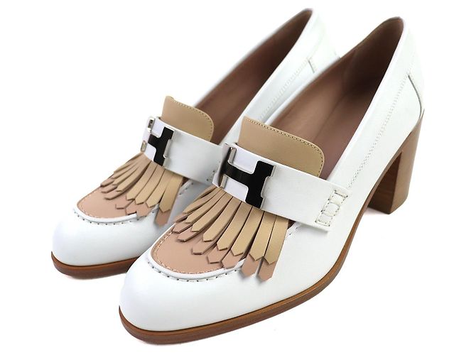 Hermès Hermes Elysee Leder Pumps Silber Weiß Beige