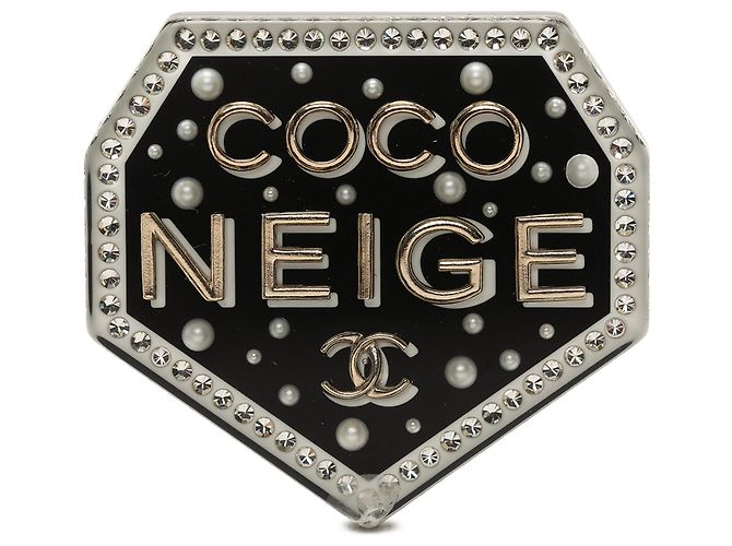 Spilla Chanel Coco Neige in resina nera CC, strass e perle finte Nero