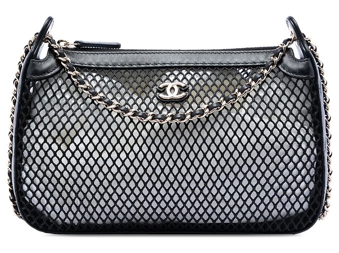 Clutch Chanel Black CC in mesh e agnello lucido con catena Nero