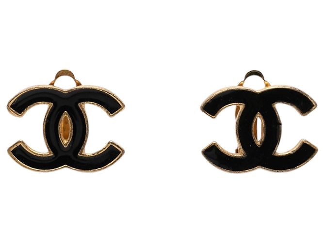 Brincos de pressão Chanel Black CC em esmalte e banhados a ouro Preto