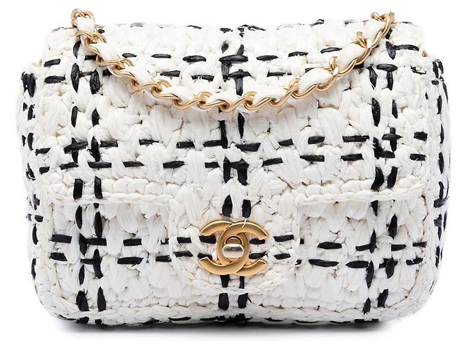 Chanel White CC Mini Raffia Effect Tweed Flap Blanc