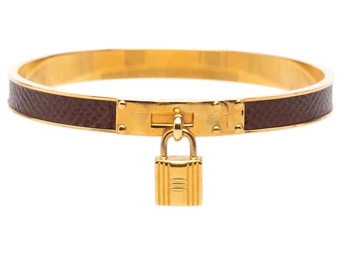 Hermès Gold Plated Epsom Kelly Cadena Lock Armreif Golden Dunkelbraun 