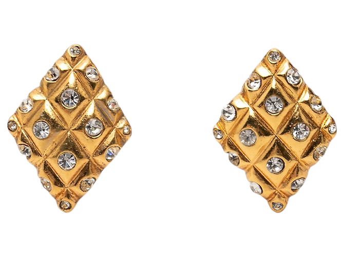 Brincos de pressão Chanel Gold CC banhados a ouro e strass acolchoado losango Dourado