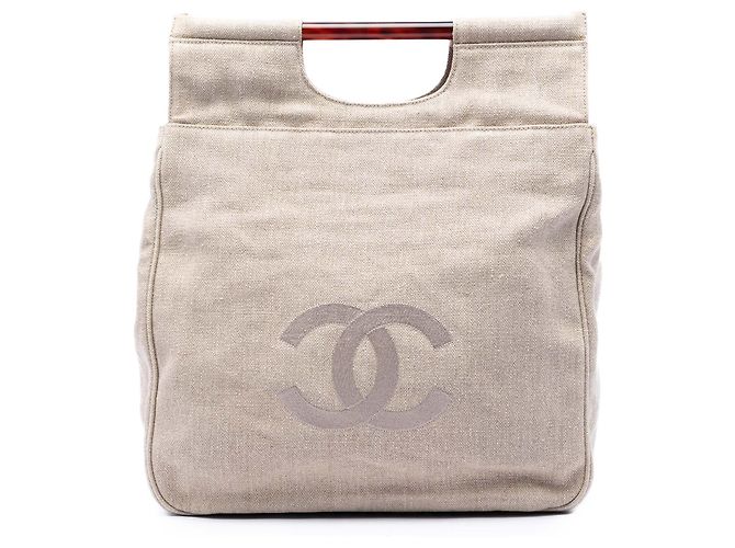 Chanel Beige CC Canvas Tortoise Handle Tote
