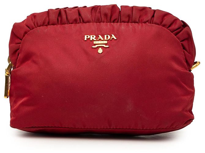 Prada Red Tessuto Kosmetikbeutel mit Rüschen Rot