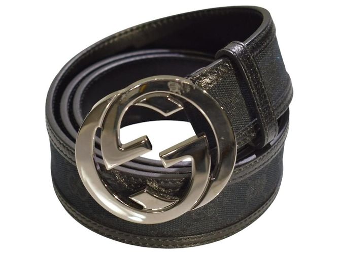 Gucci GG Monogram Canvas and Leather Interlocking Buckle Belt Black