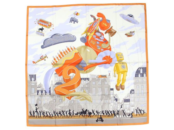 Hermès Lenço de seda Carre 90 Hermes Marrom Branco Laranja