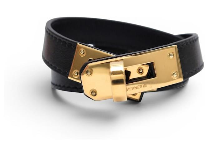 Hermès BRACELETE HERMES KELLY DOUBLE TOUR H068438CC89T3 16CM CUIR NOIR DORE BANGLE Preto 