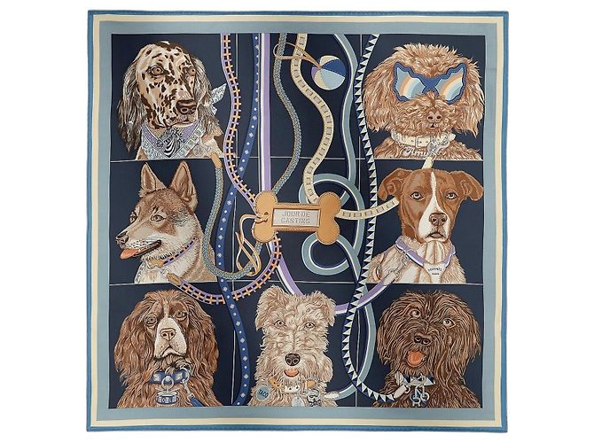 Lenço de seda Hermès "Jour de Casting" Marrom Branco Azul Multicor Bege