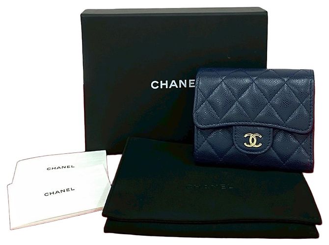 Timeless Chanel Matelasse Caviar Leder Geldbörse Blau Marineblau