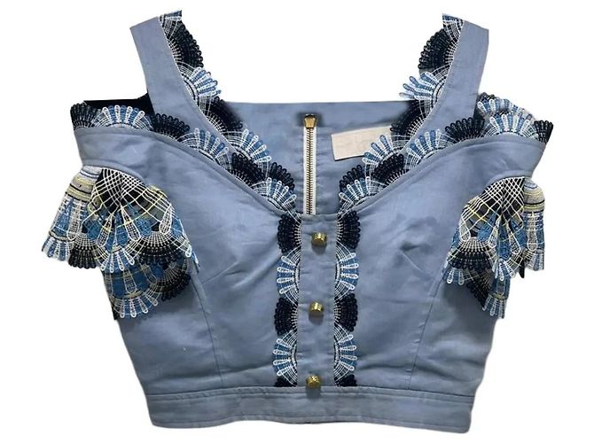 Peter Pilotto Top corto vaquero azul con encaje Negro Blanco