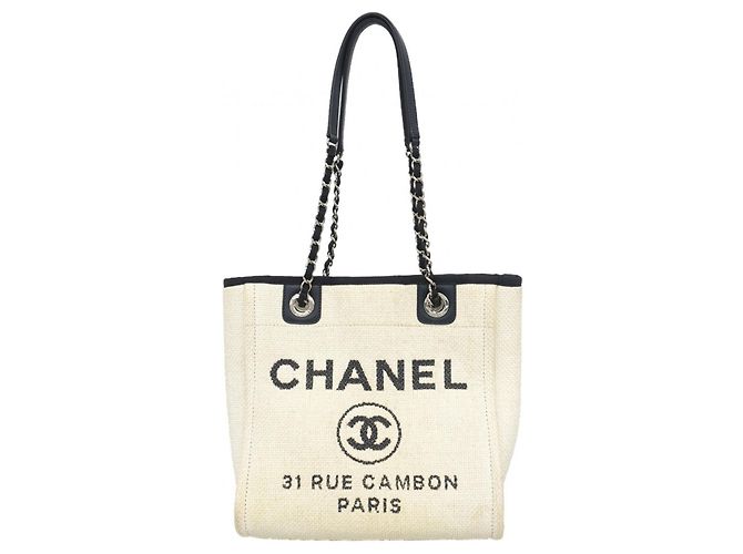 Chanel Deauville Raphia Chain Tote Bag Weiß Marineblau