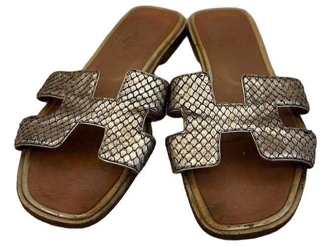 Hermès Oran Python Leather Sandals in Silver Silvery