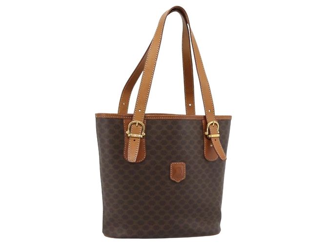 Céline Sac à main CELINE Macadam Canvas PVC Cuir Marron Or Auth 187377 Doré