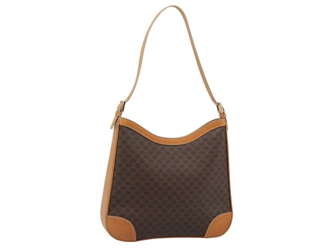 Céline Bolsa de Ombro CELINE Macadam Canvas PVC Couro Marrom Ouro Auth 187649V Dourado