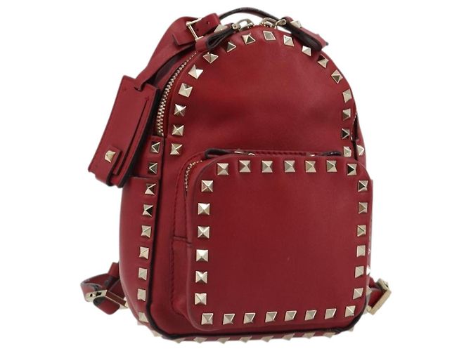VALENTINO Studs Backpack Leather Red Gold Auth BA13290 Golden