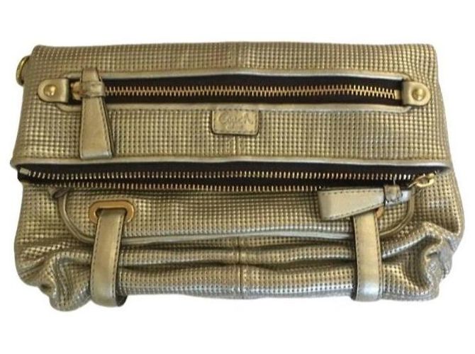 Coach Metallic Gold Leder Foldover Clutch Bag Golden