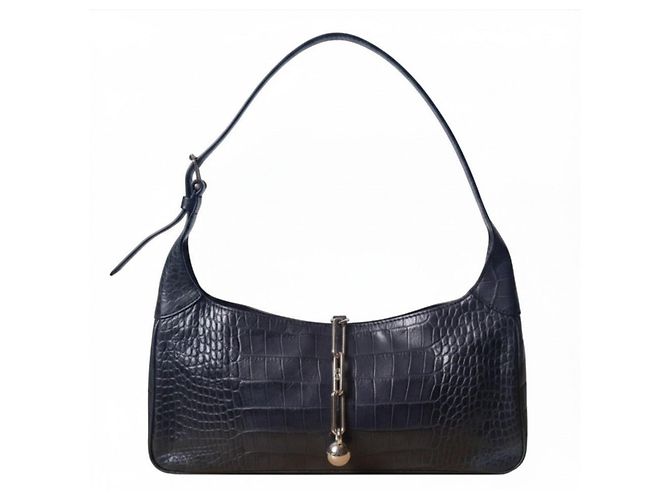 Escada Navy Blue Croc-Embossed Leather Shoulder Bag Black