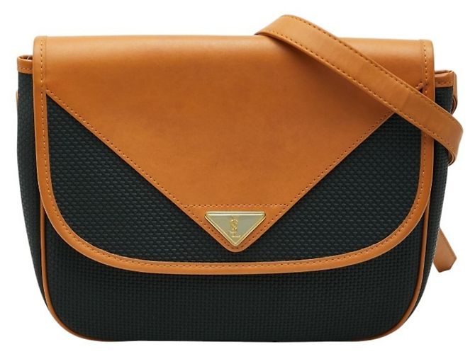 Borsa a tracolla in pelle marrone e blu navy Saint Laurent